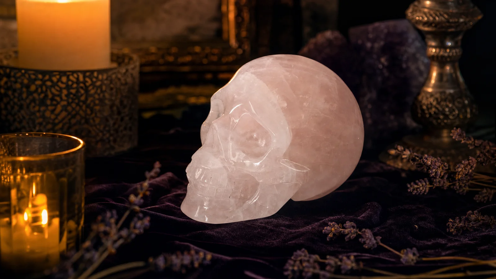 Crystal skull in a candlelit display setting