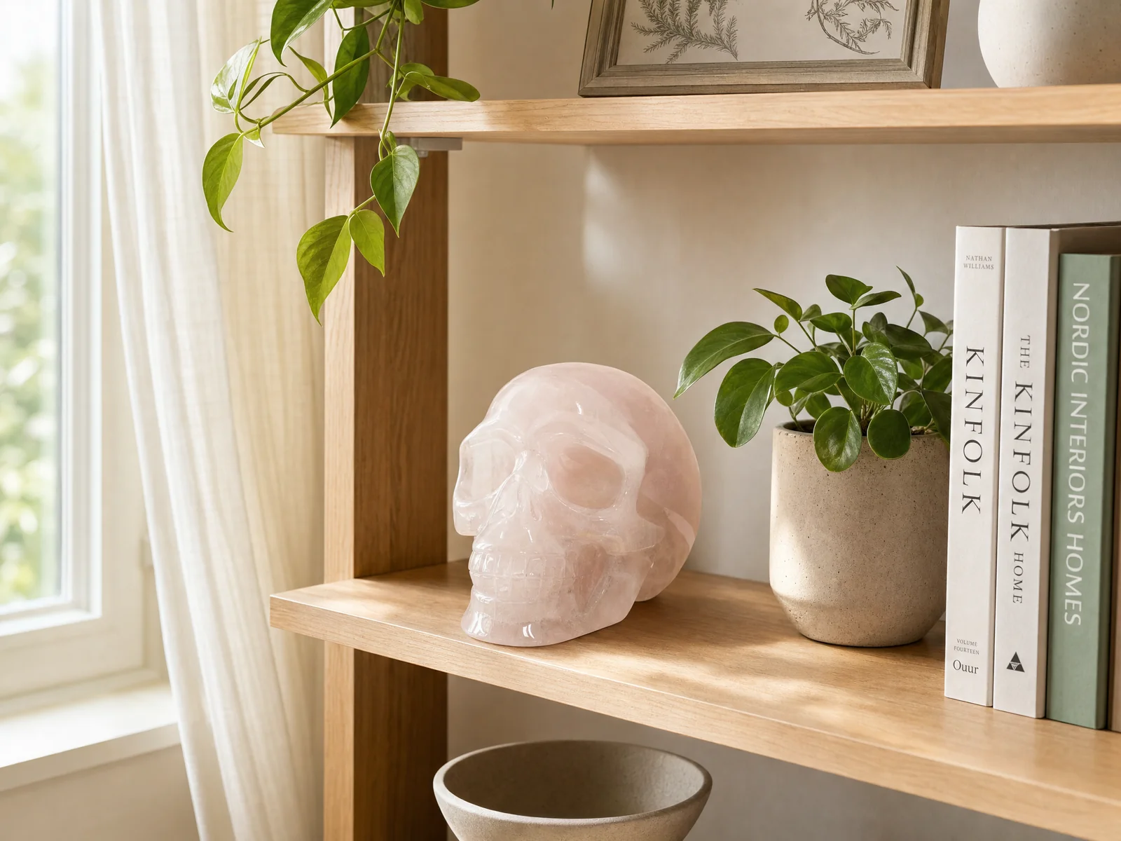 Crystal skull styled on a wooden shelf beside books and plants